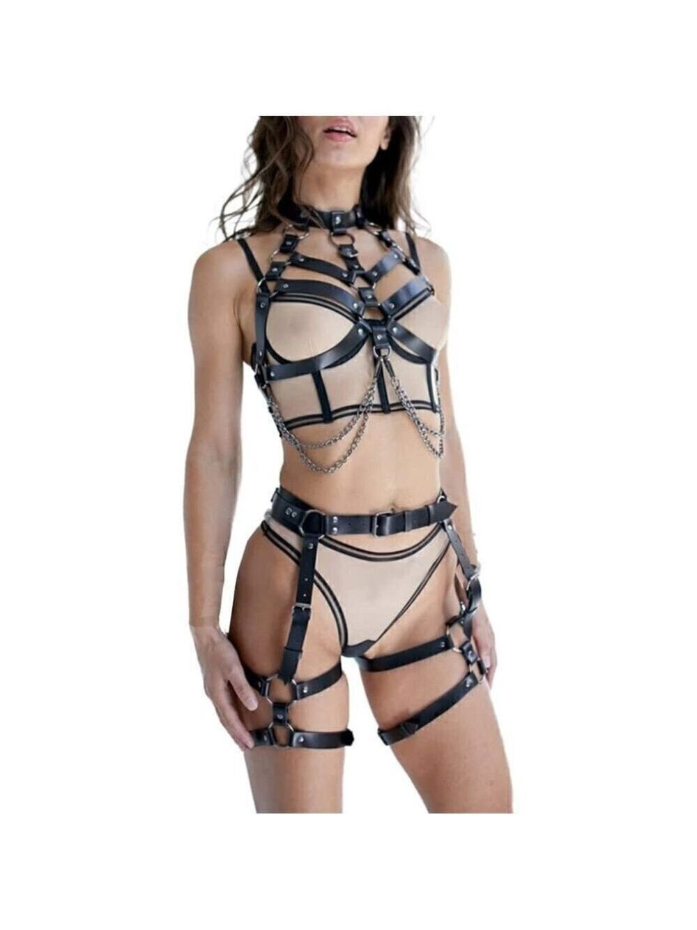 Black Full Body Leather Strap Adjustable Sexy Chain Bondage Cosplay Costume NWT